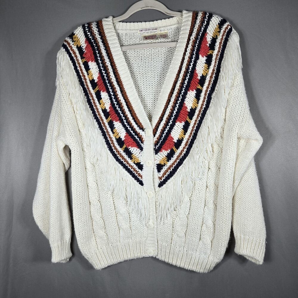 Vtg Huntington Ridge Cardigan Sweater M Ivory Hand Knit Fringe Boho Western 90s
